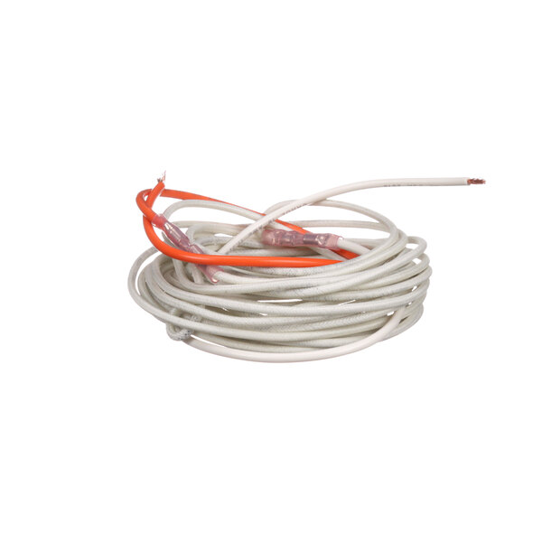 A close-up of a white and orange Bally door heater cable.