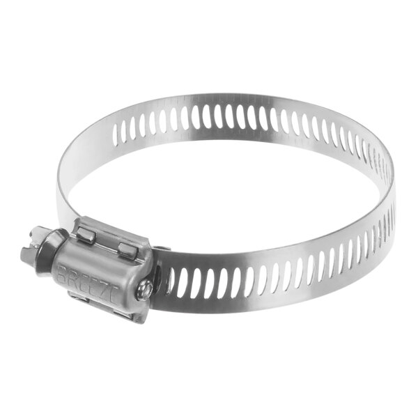 A stainless steel Convotherm hose clamp with holes and a metal worm drive.