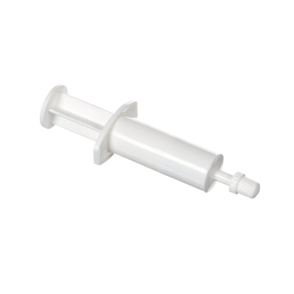 A white syringe with a plastic handle and a white cap.