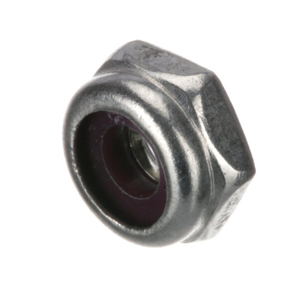 A close-up of a metal Hobart stop nut with a purple knob.