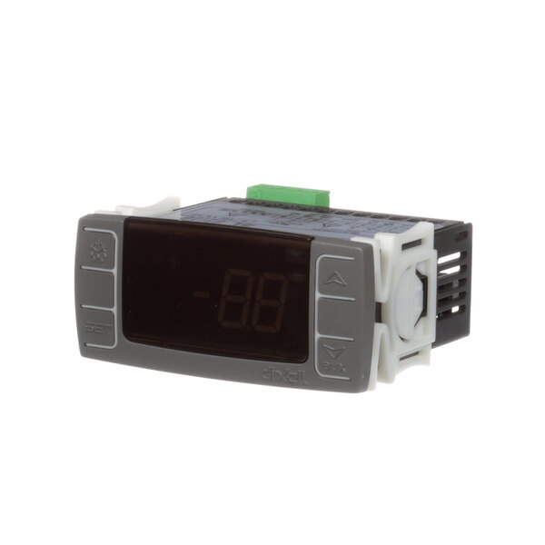 A grey and black digital temperature controller with a green light.
