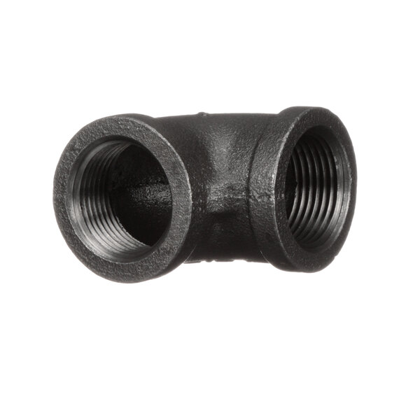 A black Vulcan elbow pipe fitting with two nuts.