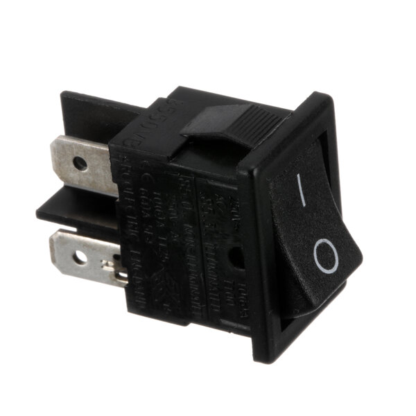 A black rocker switch with a single switch on it and white text on the side.