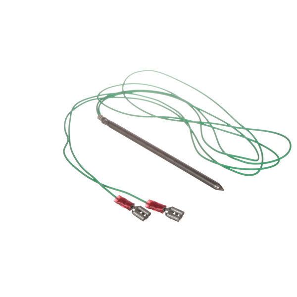 A BevLes thermistor probe with a green wire and two red wires attached.