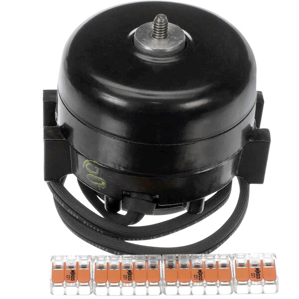 A black round True Refrigeration fan motor with orange, black, and white wires.