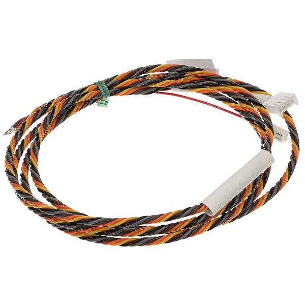 A close-up of a Ovention wire with a red, orange, and black stripe.