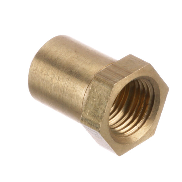 A close-up of a brass nut with a threaded nut in the middle.