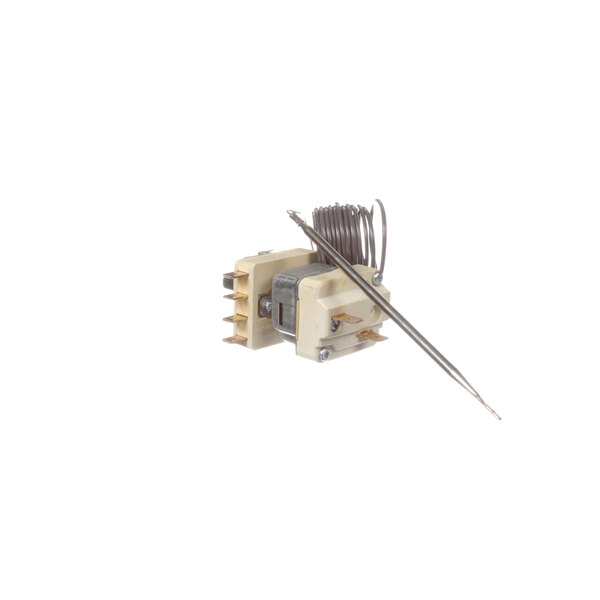 A close up of a small white Electrolux thermostat with wires.