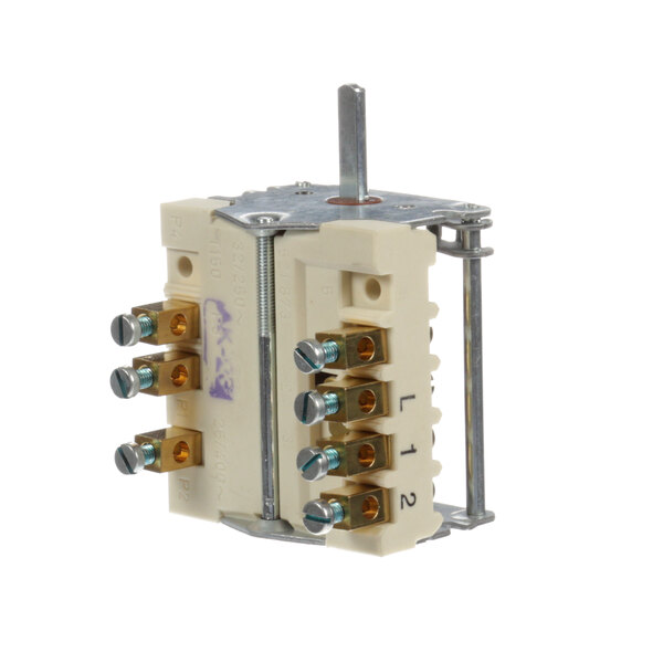 A white US Range rotary switch with three metal screws.