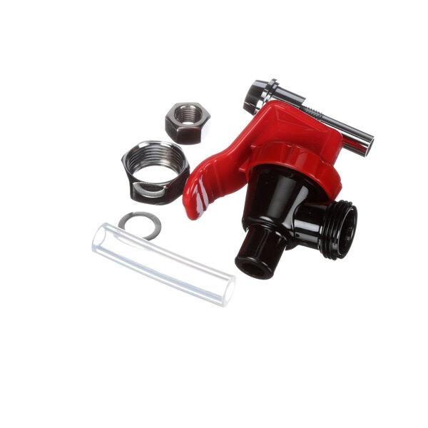 A Bunn high flow faucet conversion kit with a red and black faucet, tube, and nuts.
