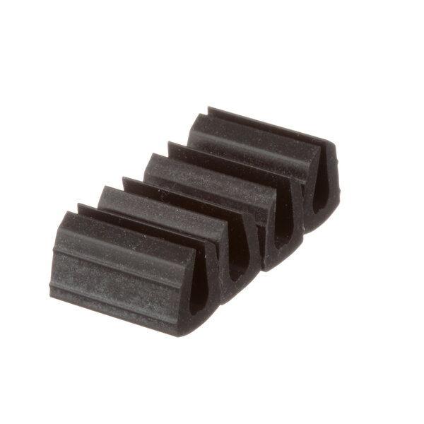 A close-up of a black rectangular silicon seal with black plastic clips.