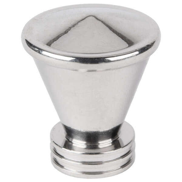 A chrome knob with a round base on a metal object.