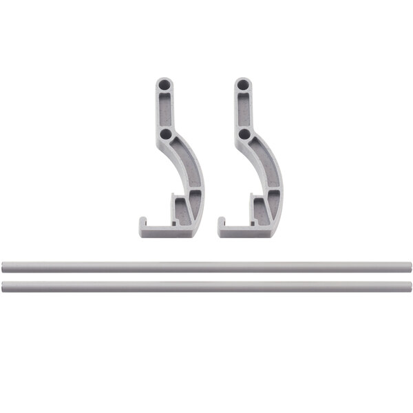 A pair of grey plastic parts with a metal bar.