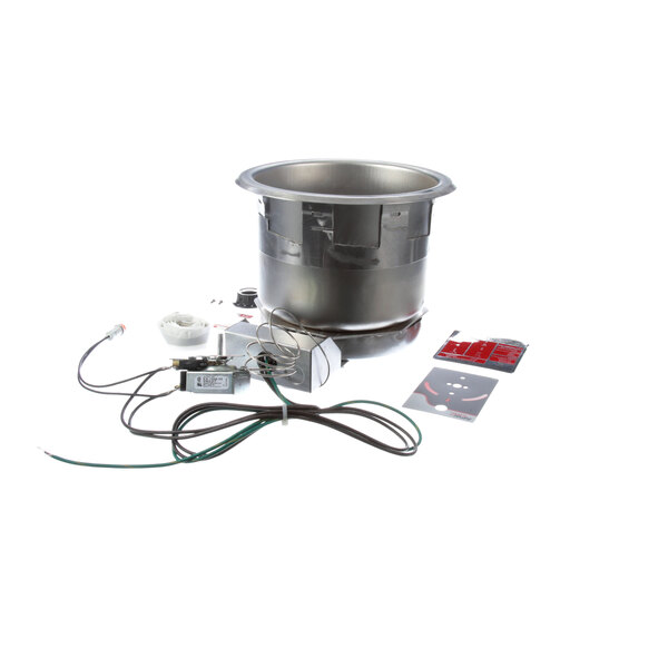 An APW Wyott silver countertop food warmer pot with wires attached.
