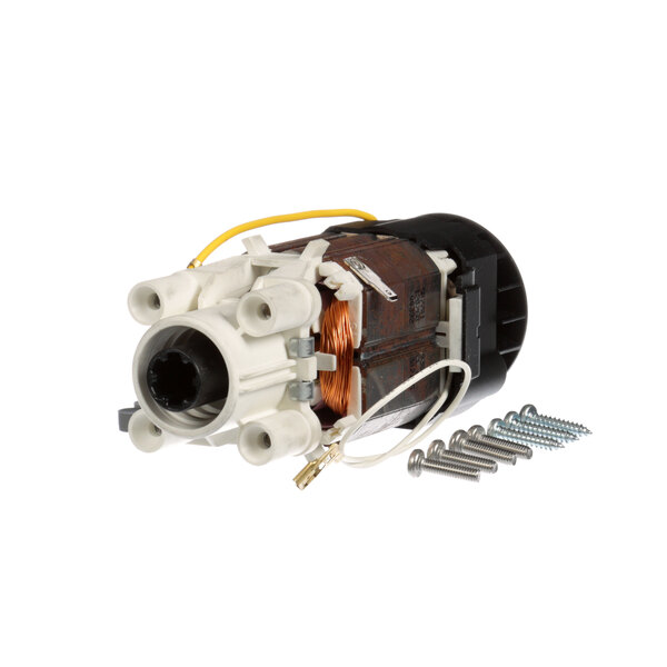 A white and black Robot Coupe electric motor with screws and nuts.