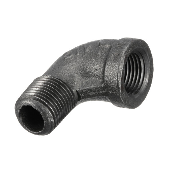 A black Vulcan gas elbow with a nut on the end.