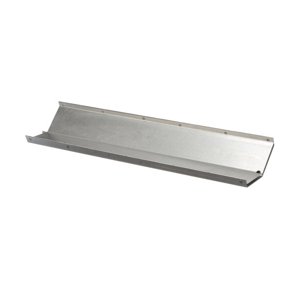 A rectangular metal shield with holes.