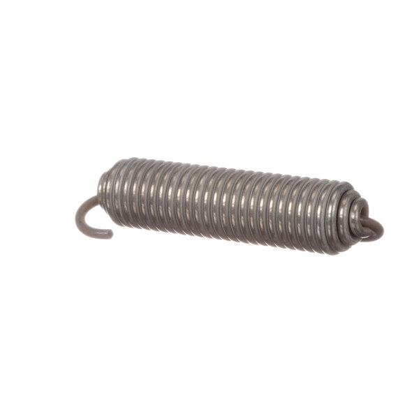 A close-up of a metal spring with a metal hook.