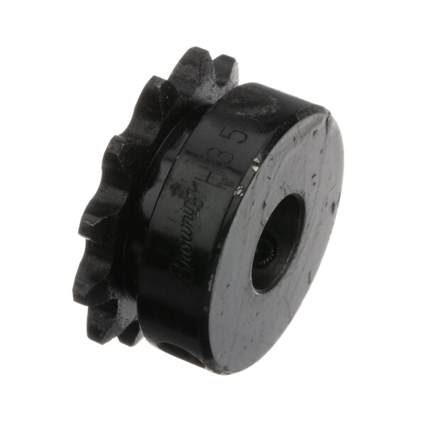 A black plastic sprocket wheel with a hole in it.