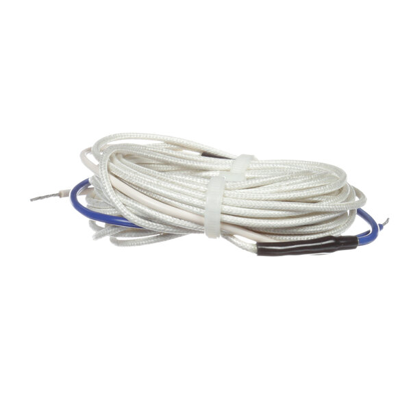 A coil of True Refrigeration heater wire with white and blue wires braided together.