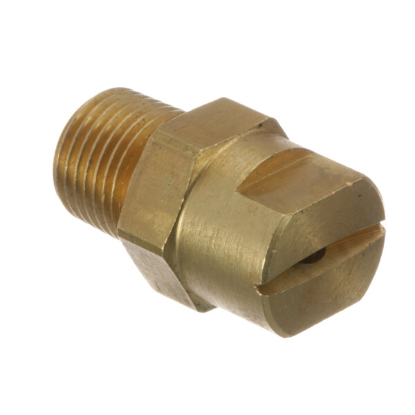 A close-up of a brass threaded male fitting with a threaded nut.
