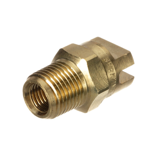 A close-up of a brass threaded pipe fitting with a gold metal nut.
