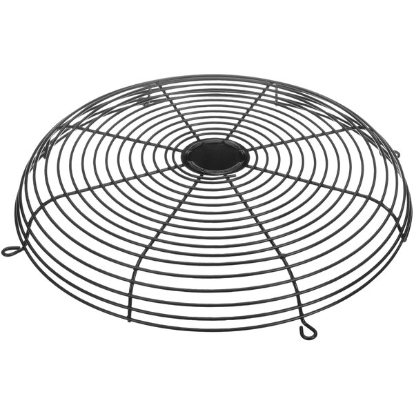 A black metal wire fan guard with a circular pattern.