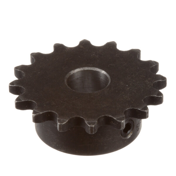 A black metal 16-tooth sprocket with a hole in it.