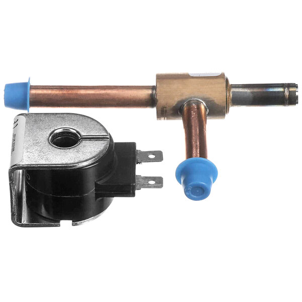 A copper and blue Fbd expansion valve assembly with a blue hose.
