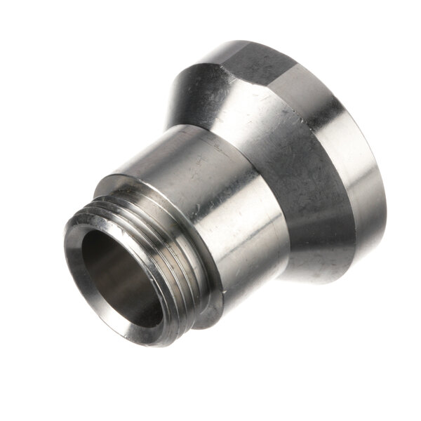 A close-up of a stainless steel threaded pipe fitting on a Hoshizaki cutter.