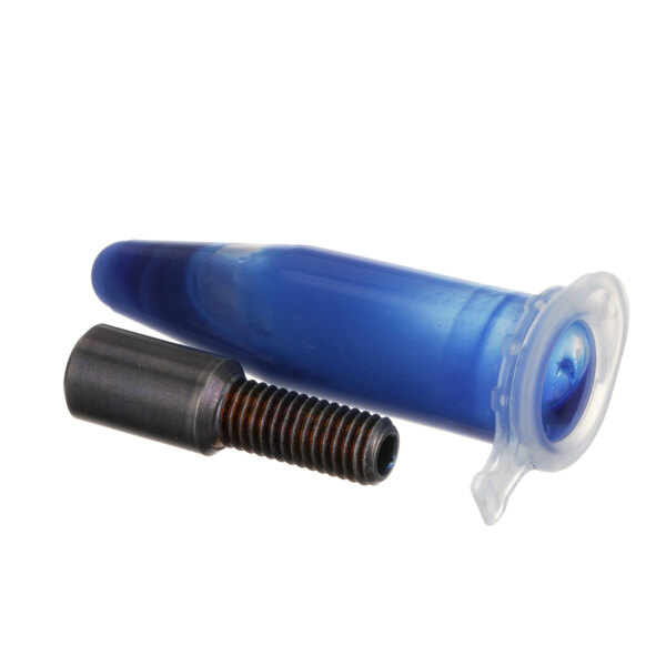 A blue and black screw and a blue plastic tube on a white background.