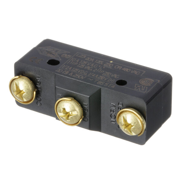 A black rectangular microswitch with two brass buttons and gold screws.