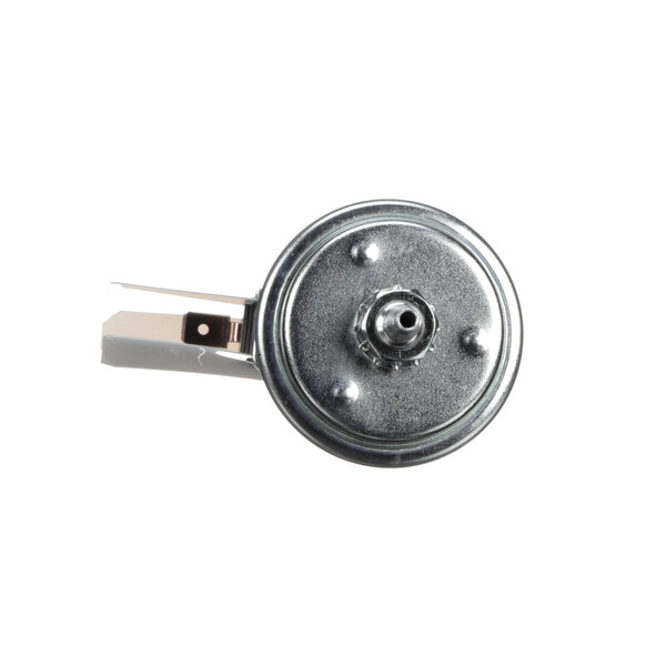 A metal air actuated switch with a white background.