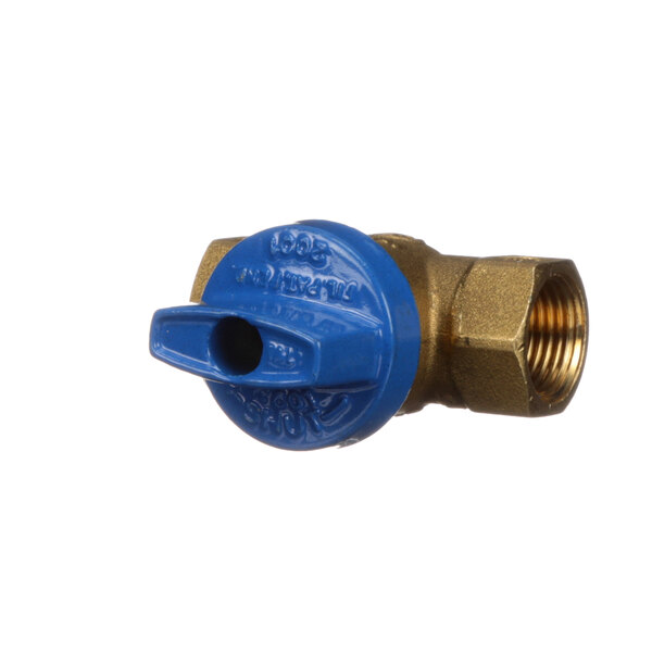 A close-up of a blue and gold Manitowoc Ice valve with a brass nut.