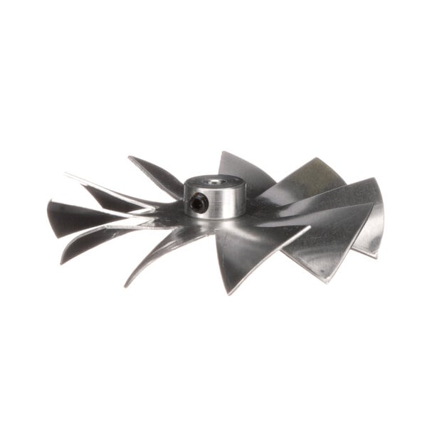 A close-up of a metal Alto-Shaam fan blade.