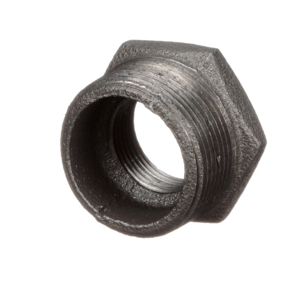 A black Vulcan bushing with a threaded hole and nut in the middle.