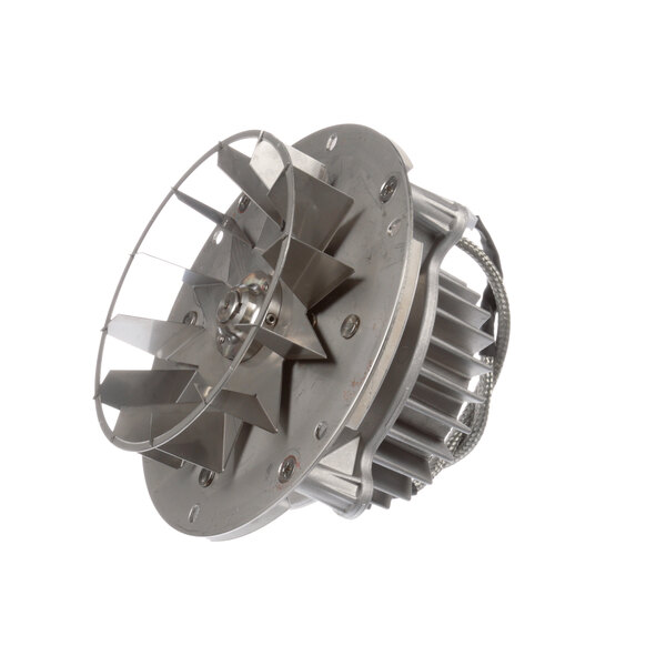 A metal fan for a TurboChef NGC high speed oven with a circular metal blade.
