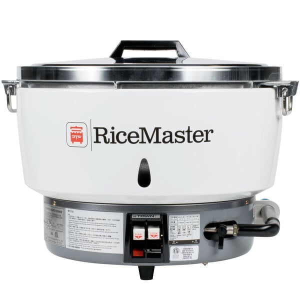 A Town natural gas rice cooker and warmer with a white and silver design.