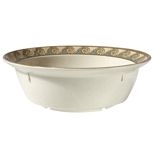 A white melamine bowl with a brown and gold mosaic design.