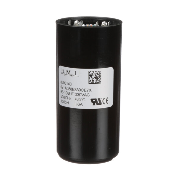 A black cylindrical Manitowoc Ice start capacitor with a white label.