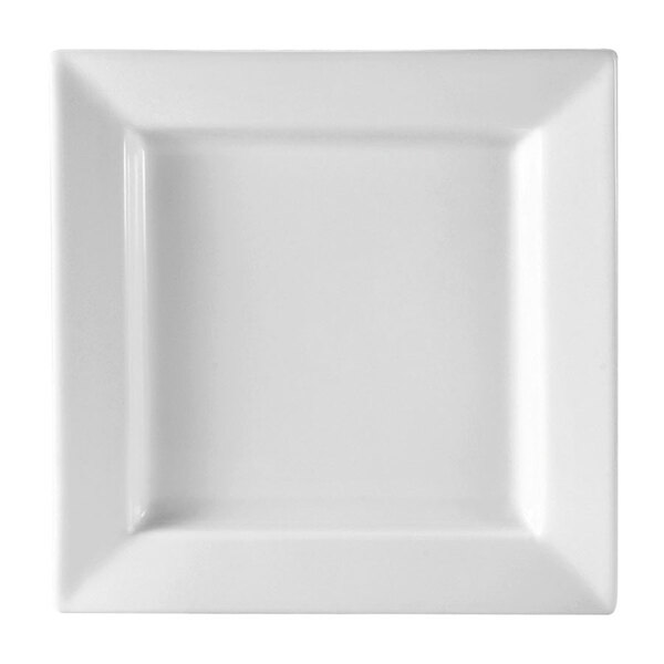 A close-up of a CAC Princesquare white square plate with a white background.