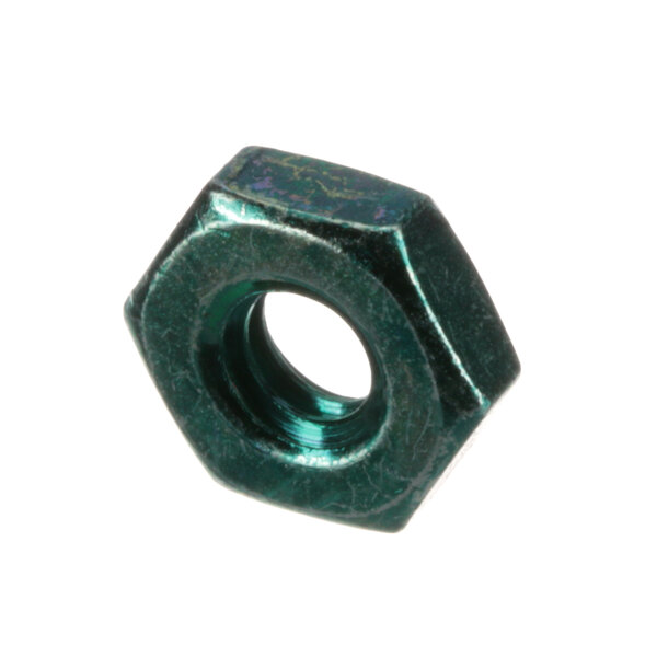 A close-up of a green hex nut.