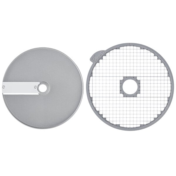 A close-up of a Robot Coupe 5/16" dicing disc, a circular object with a metal grid.