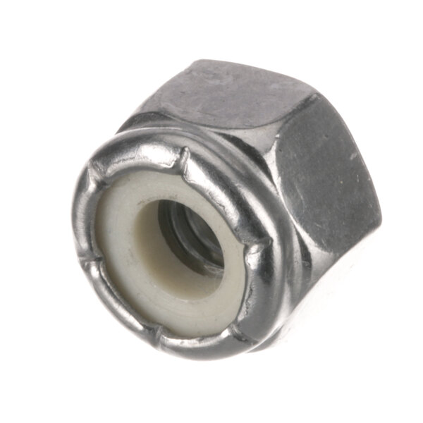 A close-up of a metal Hobart Stop Nut with a white plastic cap.