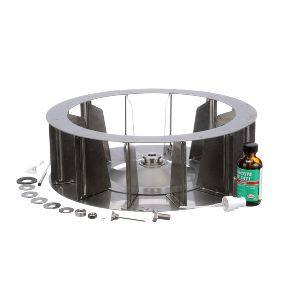 A Convotherm metal circular fan kit with bottles of oil and liquid.