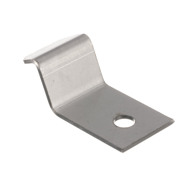 A stainless steel Speed Queen metal bracket with a hole in the middle.