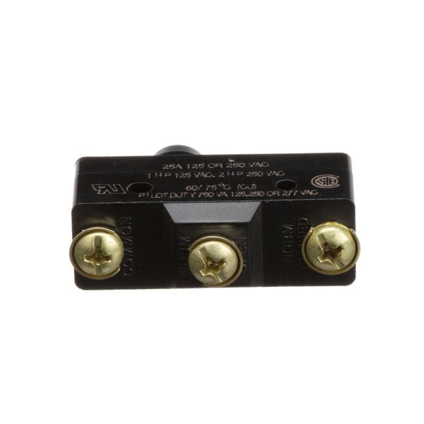 A black Crown Steam micro-switch with brass screws.