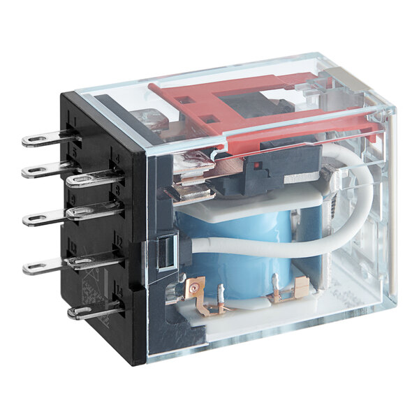 A Frymaster relay with red and black connectors and wires in a clear plastic box.