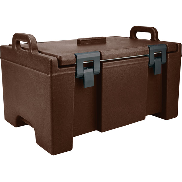 A dark brown Cambro insulated food pan carrier with a lid and two handles.