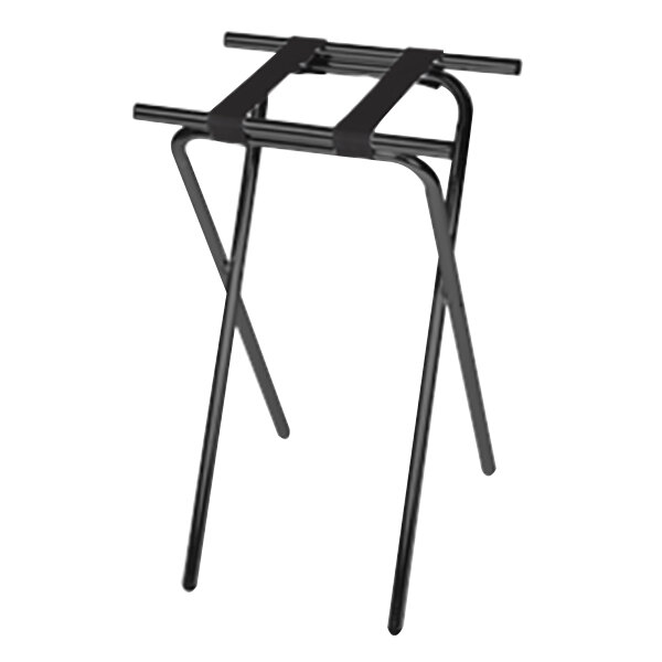 A CSL black steel tray stand with black straps.